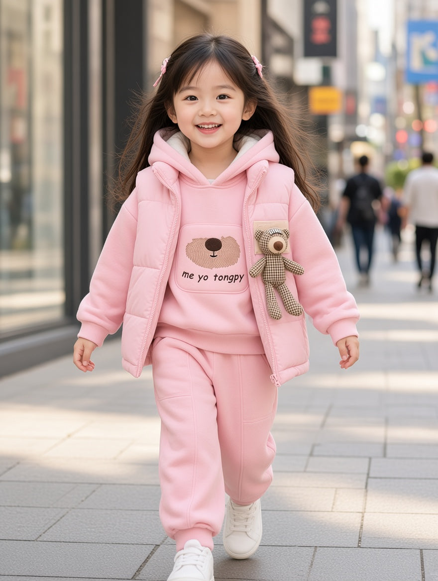 Girls Cute Bear Graphic 3-Piece Winter Tracksuit Set Featuring Padded Vest And Hoodie