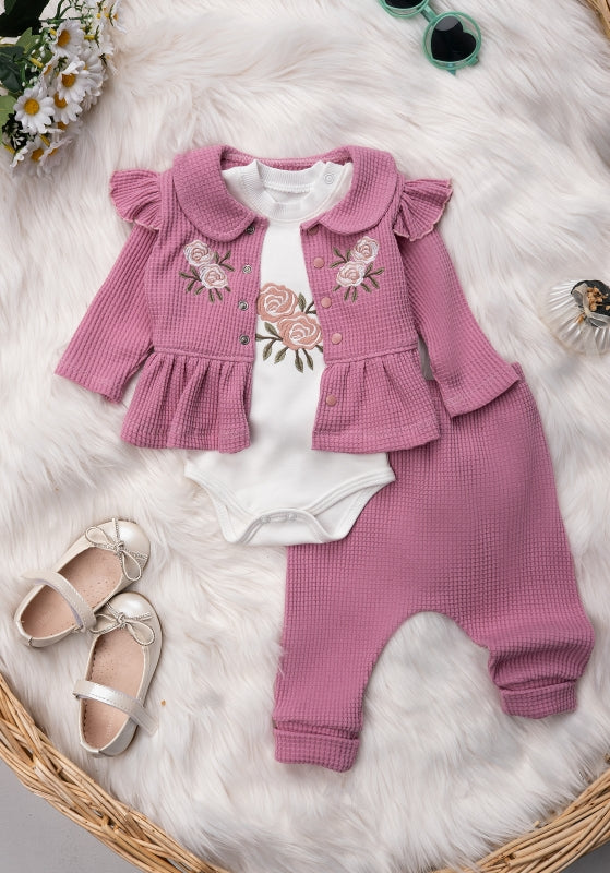 Turkey Imported Floral Embroidery Baby 3-Piece Suit (0–12 Months) | Bodysuit + Upper + Trouser