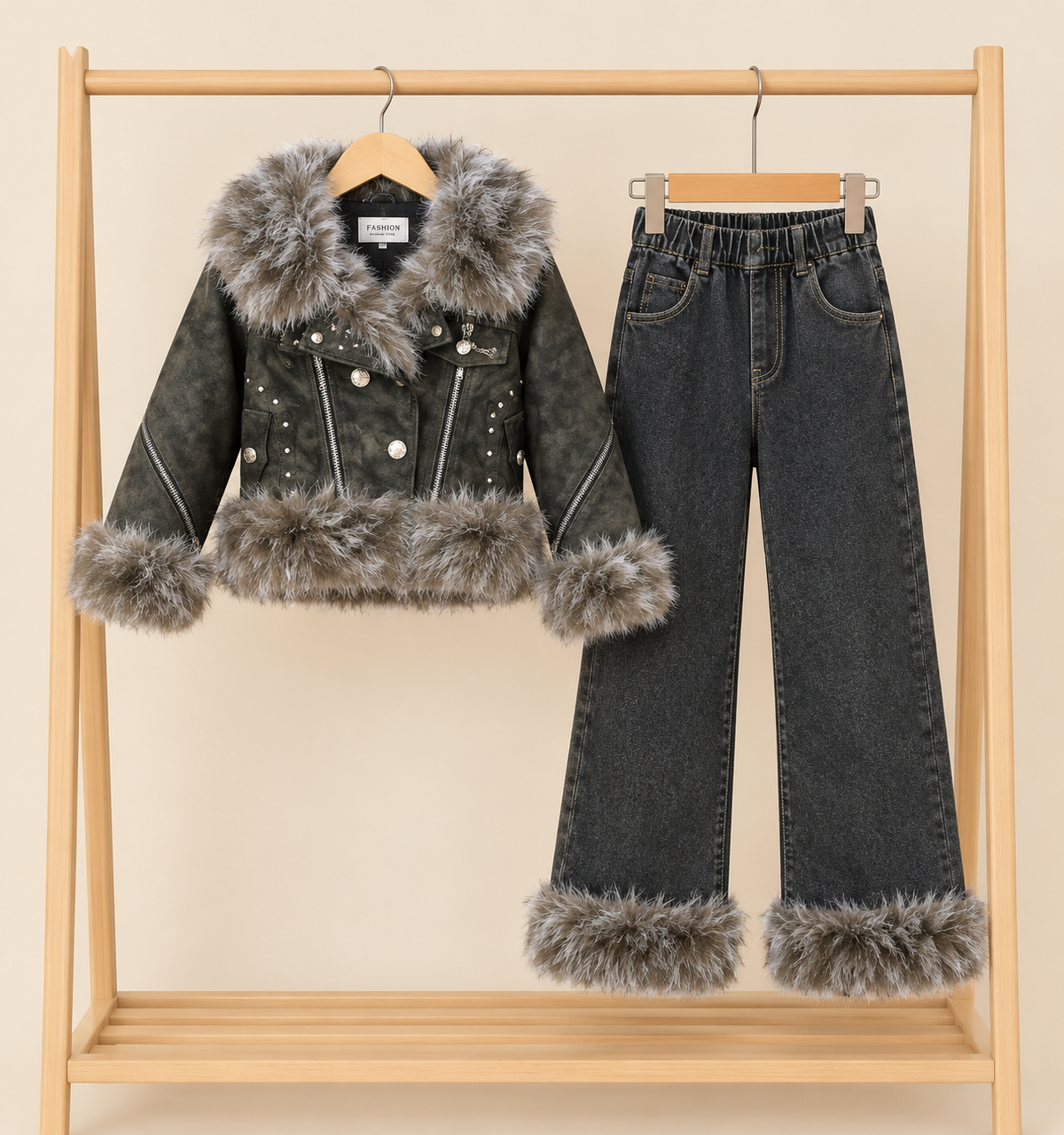 Girls Winter Faux Fur Trim Jacket And Matching Denim Trousers 2 Piece Outfit