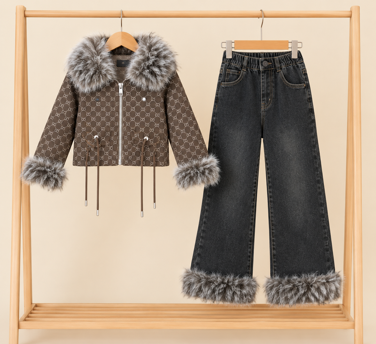Girls Winter Faux Fur Trim Monogram Jacket And Matching Denim Trousers Set