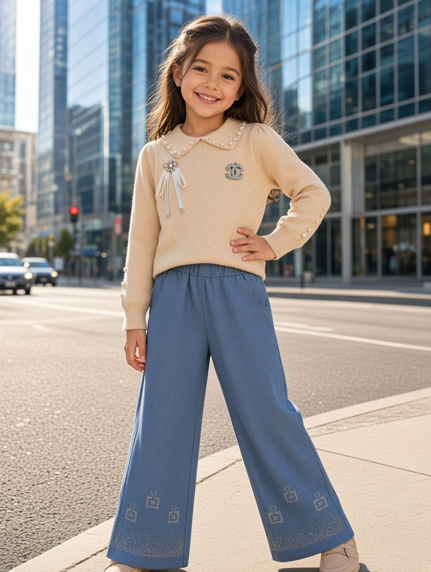 Stylish Kids Two Piece Outfit Set With Beaded Collar Knitted Sweater And Pent