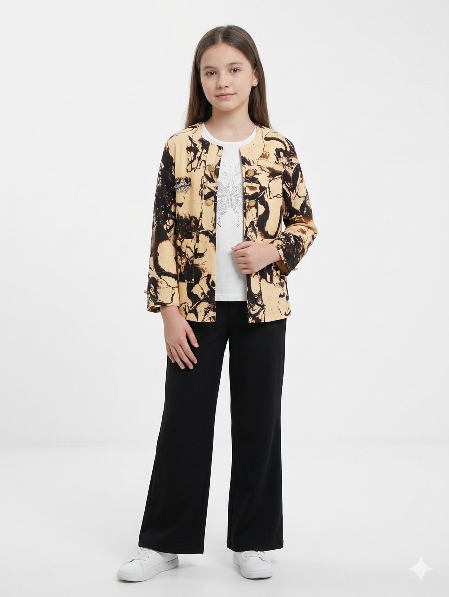 Girls' Elegant Marble Print Collarless Jacket and Wide-Leg Trousers Two-Piece Versatile Fashion Set