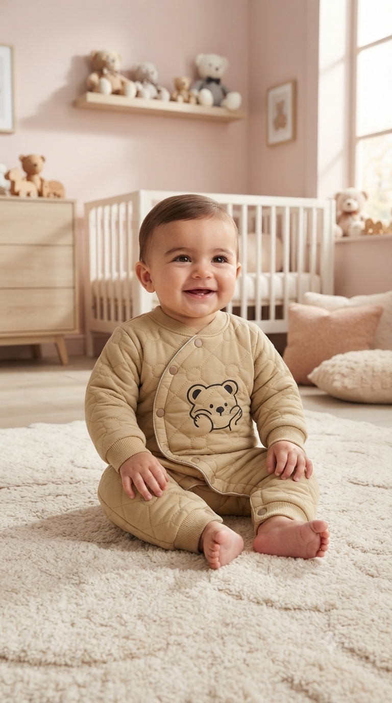 Comfy Quilted Baby Romper Featuring Adorable Bear Print And Easy Snap Button Closure