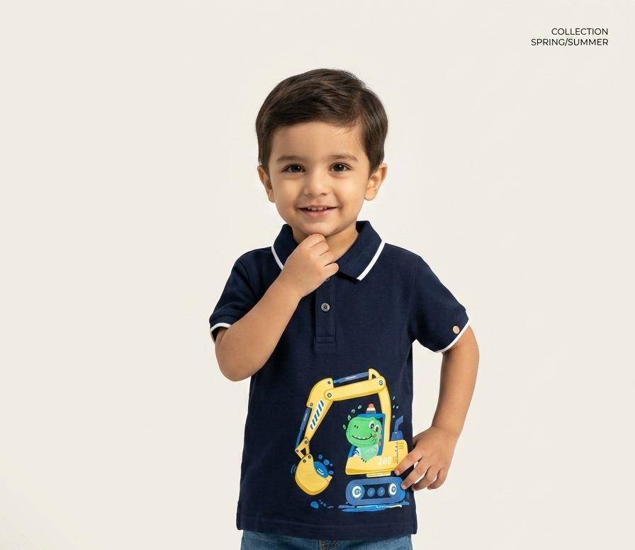 Boys Fun Dinosaur Excavator Graphic Polo Shirt - Soft Cotton Spring Summer Collection