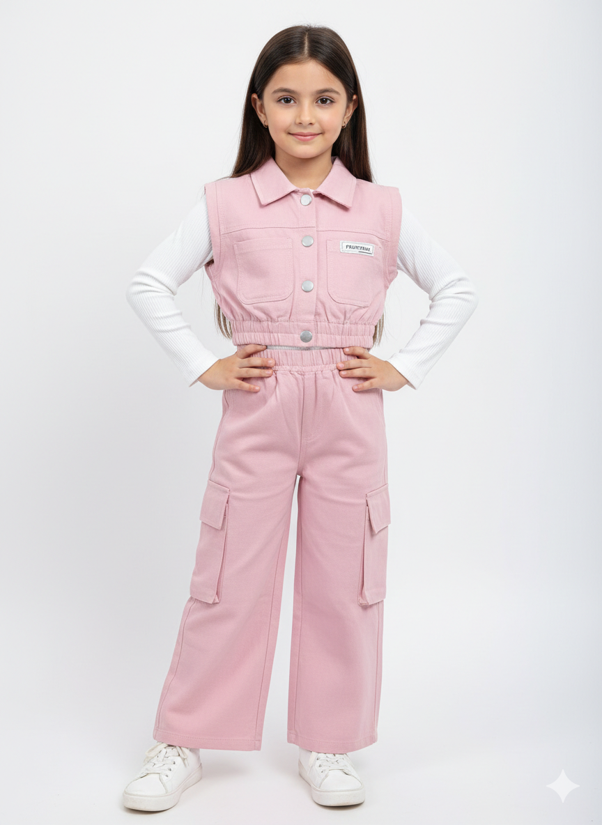 Little Girls’ 3-Piece Pastel Pink Cargo Vest & Wide-Leg Trouser Set