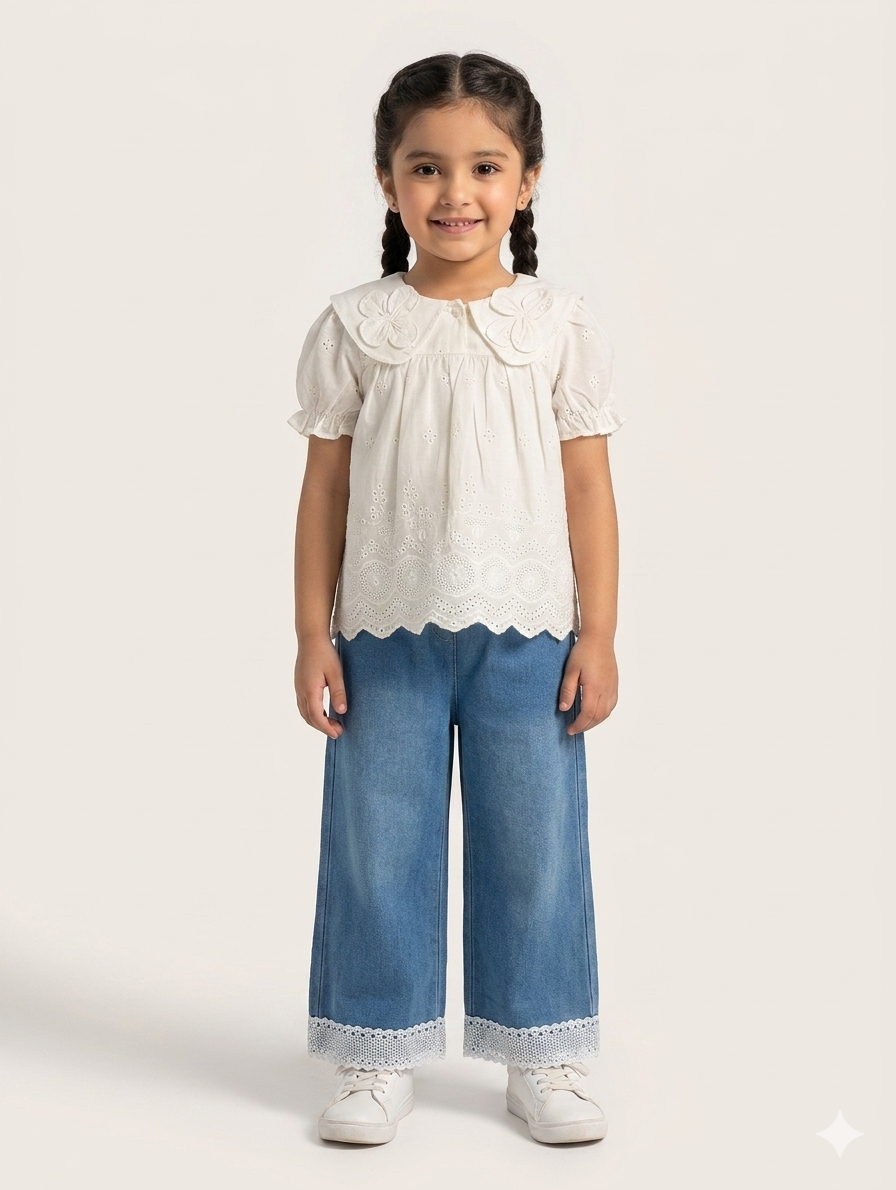 Exquisite White Embroidered Eyelet Blouse and Wide Leg Lace Trim Denim Jeans Two-Piece Set