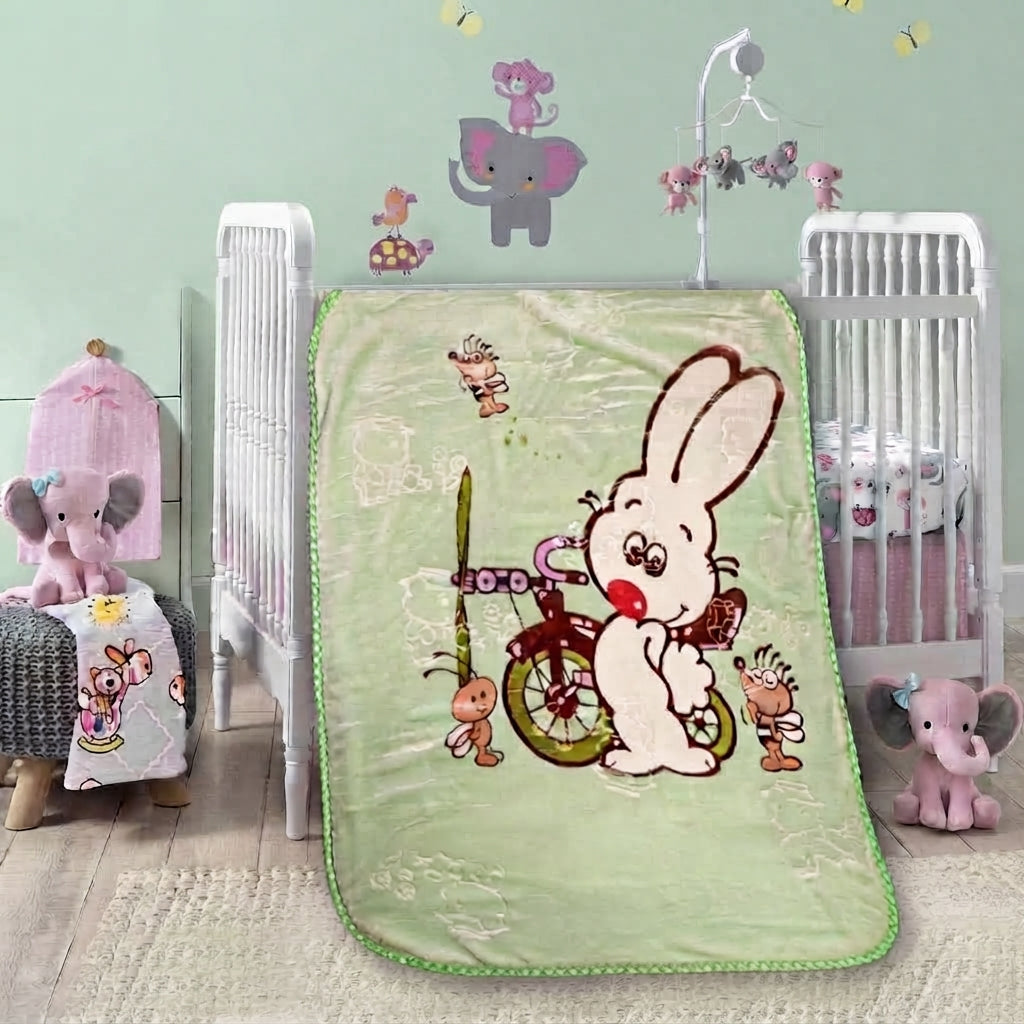 Cute Green Rabbit Bicycling Print Soft Flannel Baby Blanket For Cozy Nursery Bedding