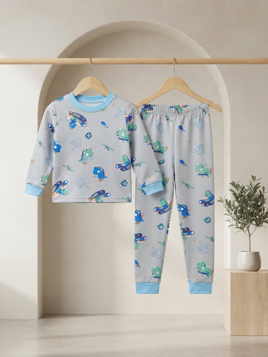 Kids grey dinosaur print sweatshirt and matching trouser set for daily casual wear.