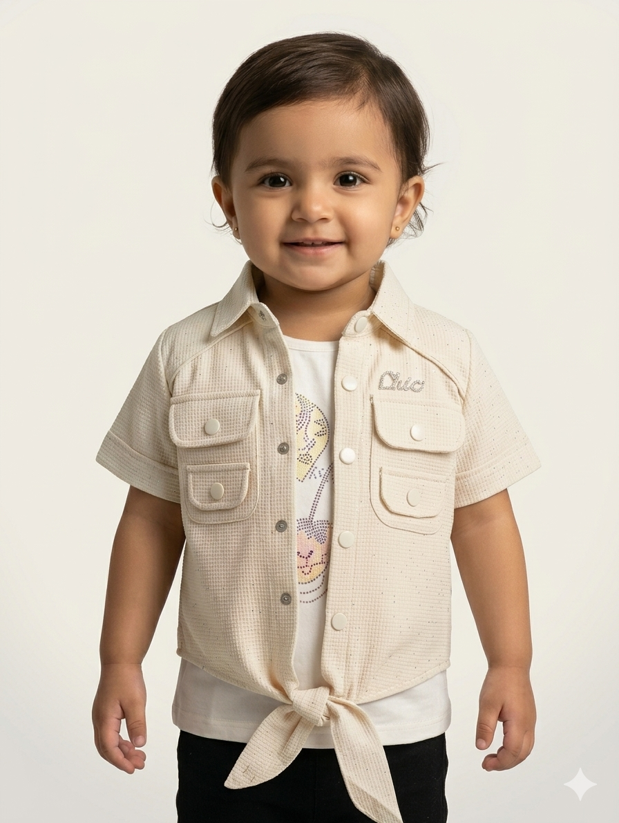 Girls Chic Front-Tie Short Sleeve Button-Down Shirt and Graphic Inner Tee Two-Piece Outfit Set
