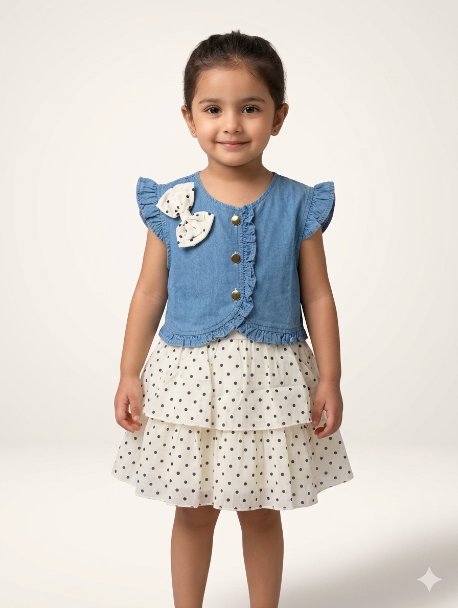 Girls Denim Vest and Polka Dot Tiered Dress Two-Piece Set for Summer Party Wear