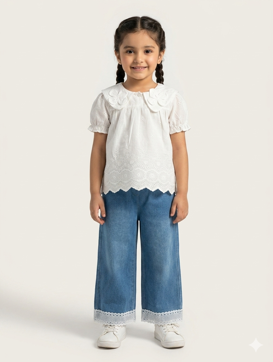 Exquisite White Embroidered Eyelet Blouse and Wide Leg Lace Trim Denim Jeans Two-Piece Set