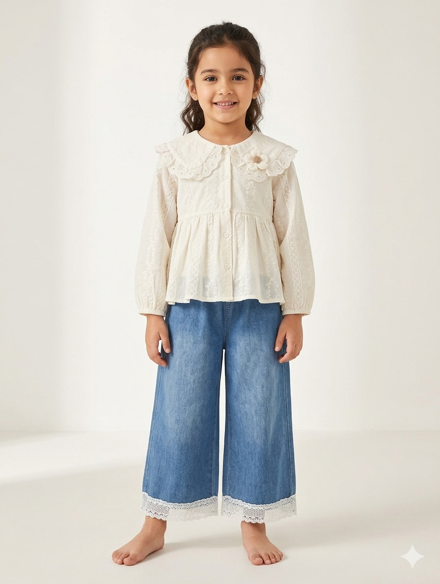 Girls' Elegant Embroidered Eyelet Blouse and Lace Trim Wide Leg Denim Jeans Two-Piece Set