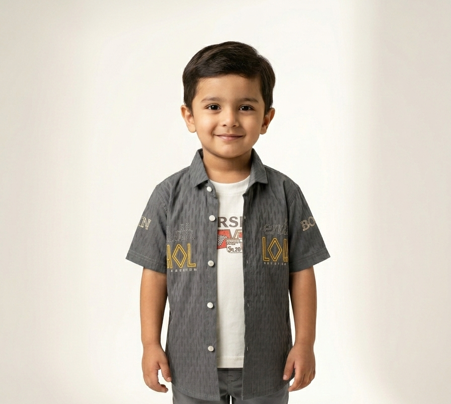 Boys Trendy Layered Double Shirt Set with Graphic Tee and Textured Short Sleeve Button-Down
