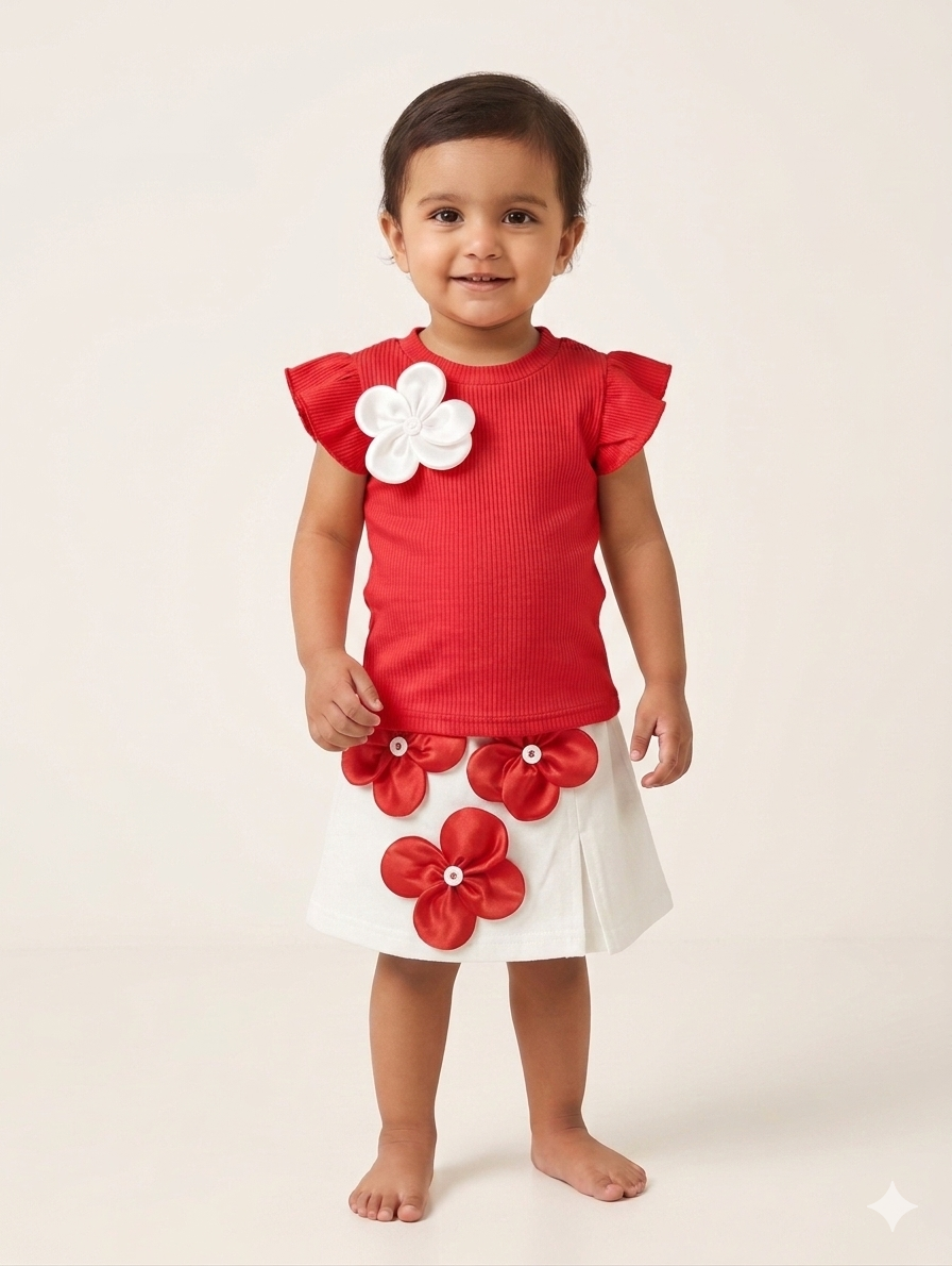 Toddler Girls' Ribbed Petal Sleeve Tee and 3D Flower Appliqué Skirt Set in Three Colors