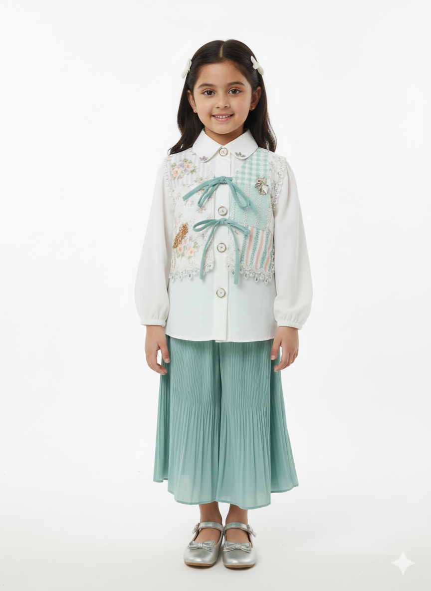 Elegant Girls' Patchwork Floral Blouse and Pleated Culottes Set in Mint and Dusty Mauve