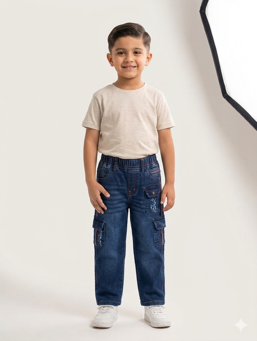 Boys' Durable Multi-Pocket Cargo Denim Jeans With Comfortable Elastic Waistband For Active Playtime