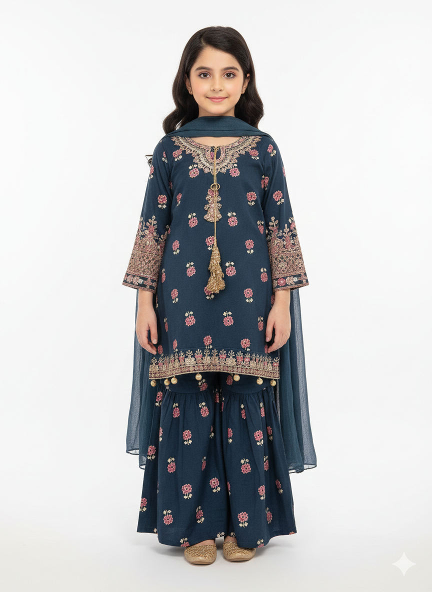 Elegant Girls' Traditional Embroidered Sharara Set With Gold Tassels And A Matching Chiffon Dupatta
