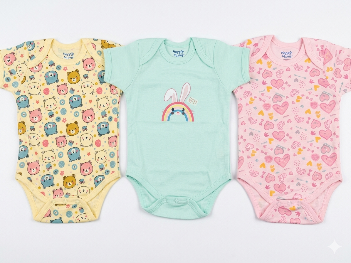 Pack of 3 Soft Cotton Pastel Baby Bodysuits Featuring Bear, Bunny, and Heart Prints