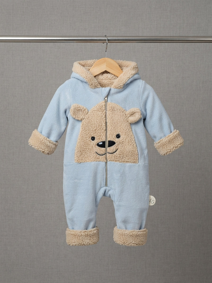 Baby Fleece Hooded Romper With Cute Bear Face Design And Sherpa Trim