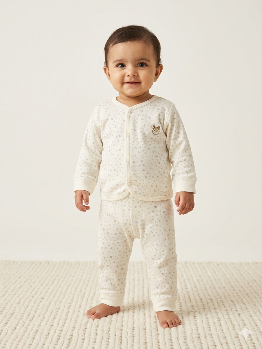 Soft Organic Cotton Two-Piece Baby Pajama Set with Floral Print and Woodland Deer Patch