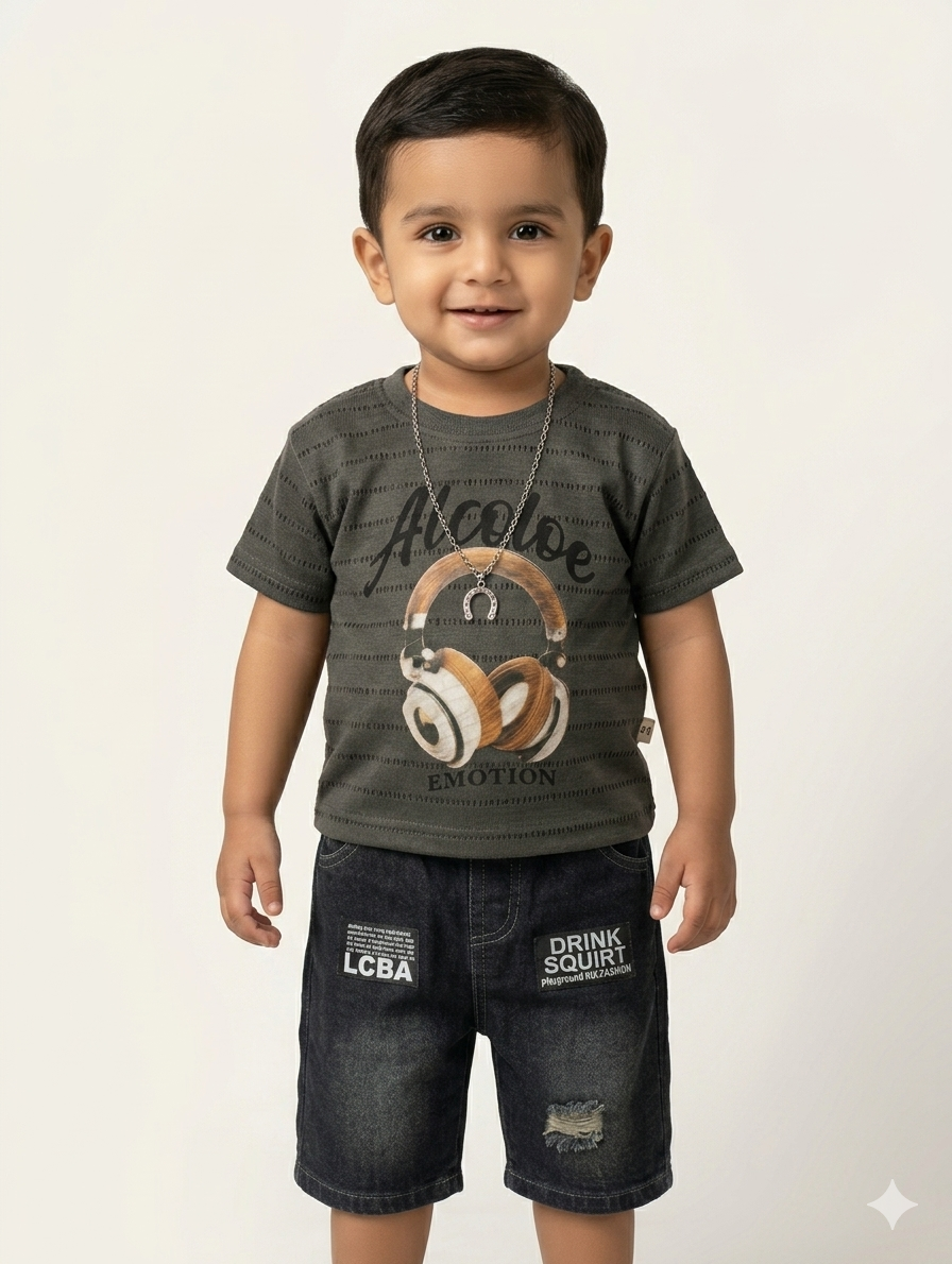 Trendy Boys Headphone Graphic T-Shirt Paired with Stylish Distressed Denim Shorts Two-Piece Summer Set