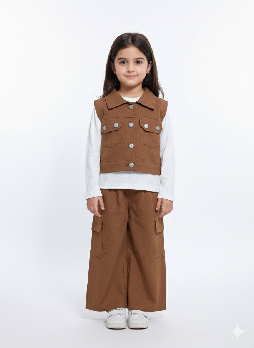 Stylish Little Girls’ Three-Piece Brown Utility Cargo Vest and Matching Wide-Leg Trouser Fashion Set.