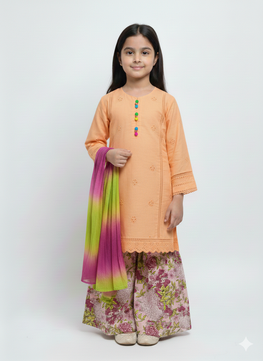 Girls' Chic Chikankari Kurta with Floral Wide-Leg Trousers and Vibrant Ombré Dupatta - 3-Piece Set