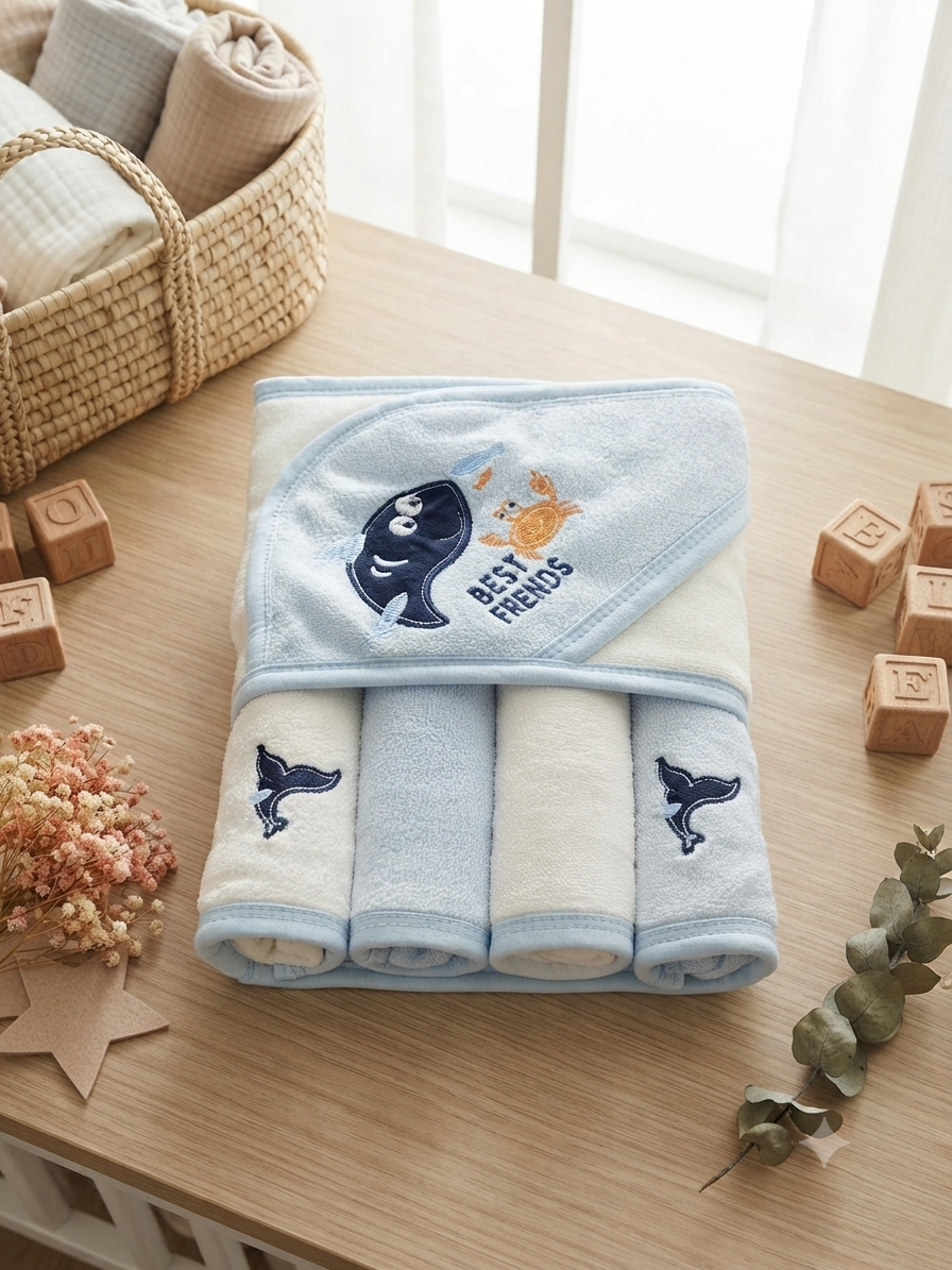Premium Cotton Baby Hooded Bath Towel And Washcloth Set For Soft Newborn Skincare Routine