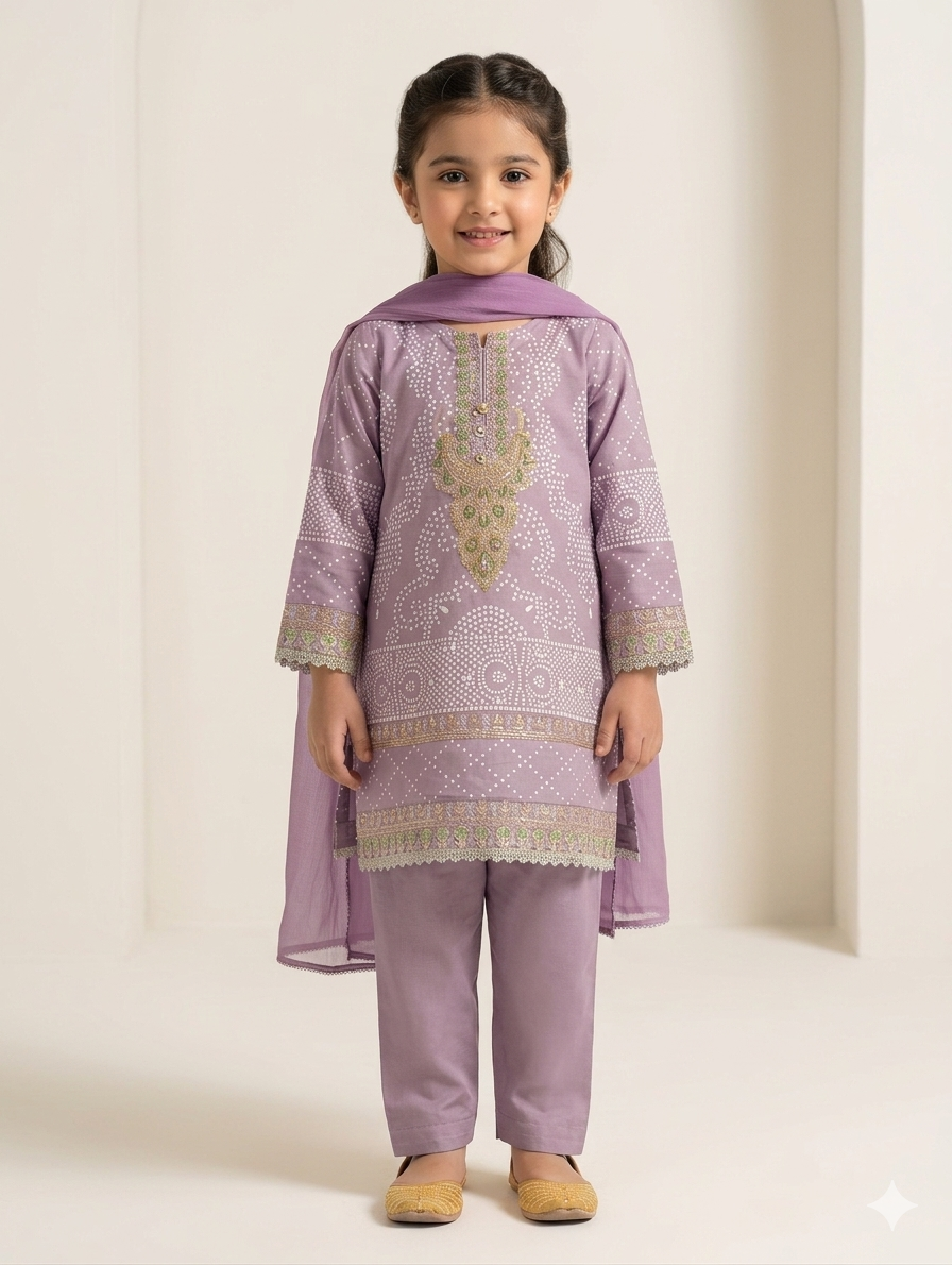 Kids Festive Chunky Embroidery Bandhani Print Three Piece Suit Set With Net Dupatta Outfit