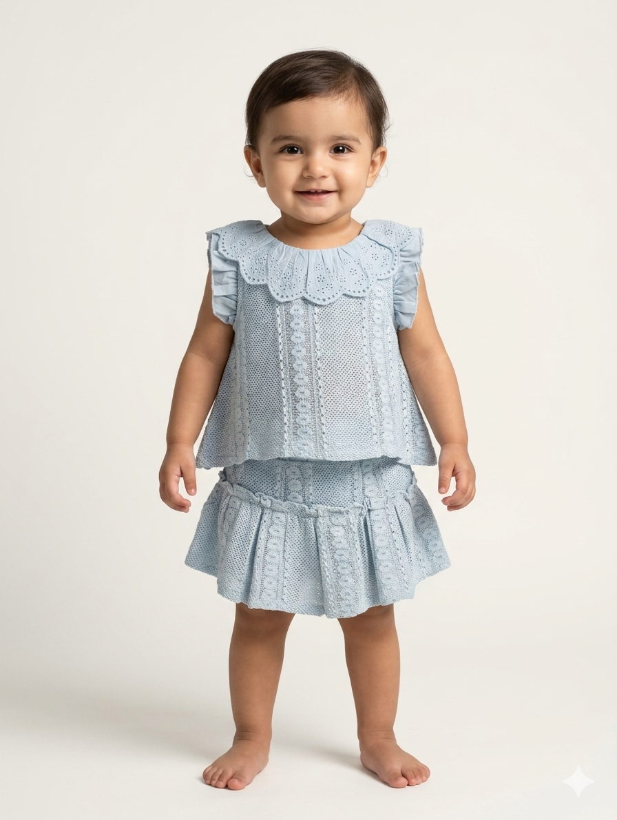 Baby Girl Eyelet Lace Scalloped Collar Top and Ruffled Skirt Two-Piece Summer Outfit Set