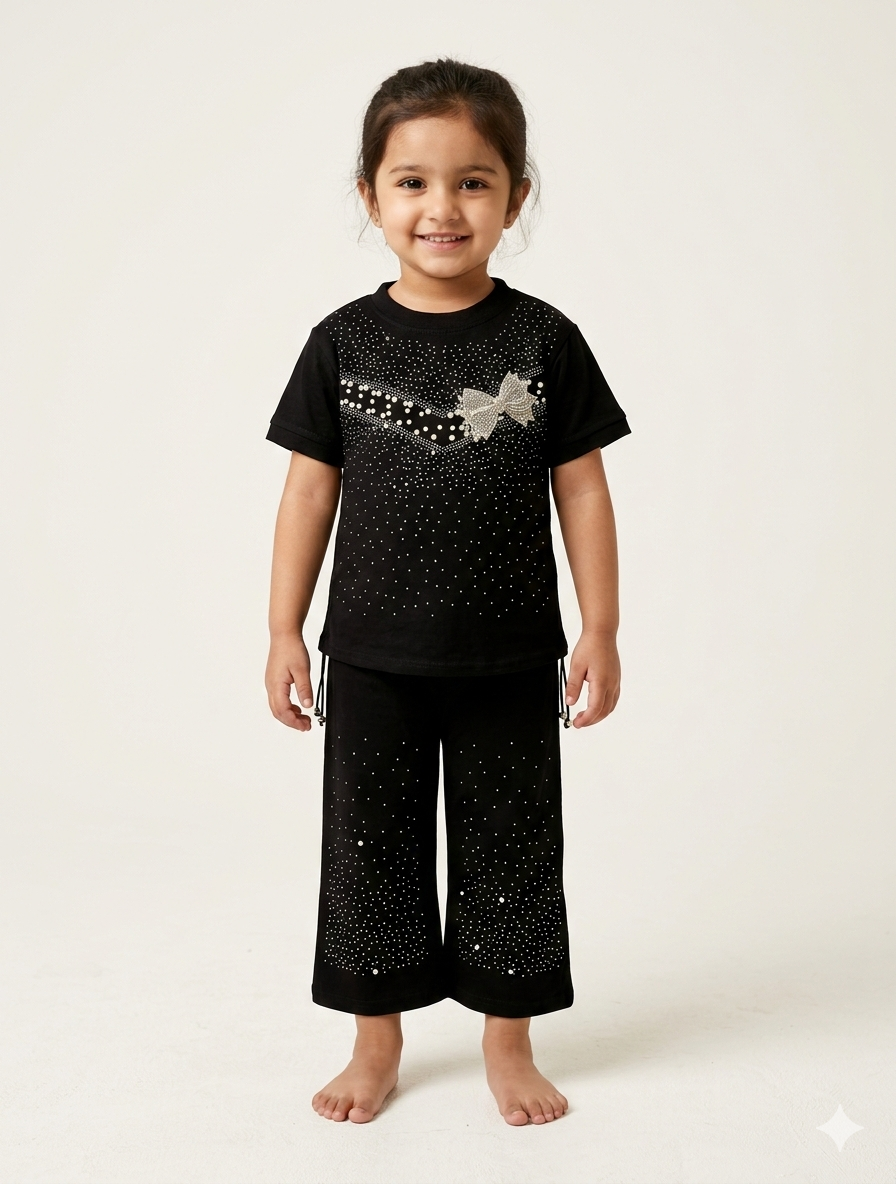 Girls Sparkling Rhinestone Bow Detail Short Sleeve Top and Wide Leg Pant Two Piece Set