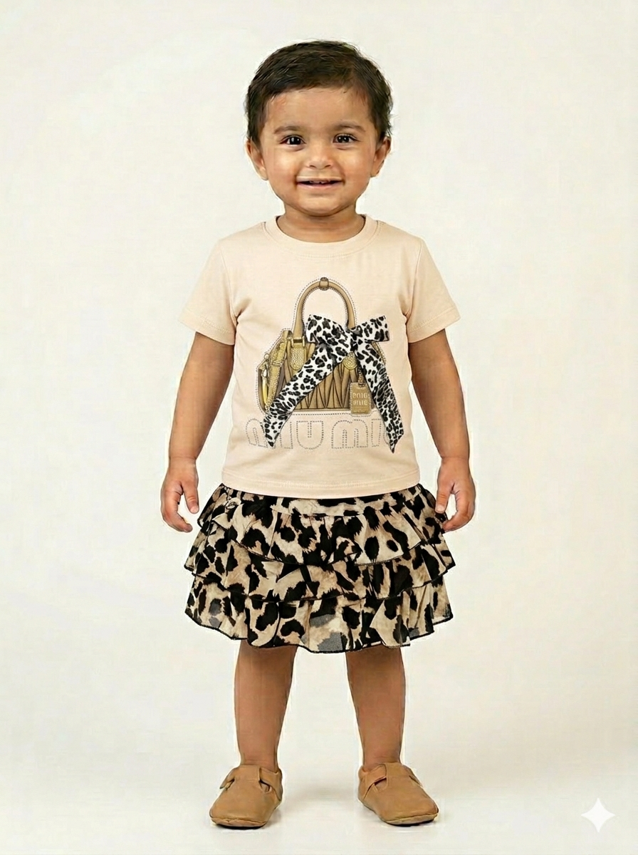 Adorable Toddler Girl Leopard Print Skirt and Designer Style T-Shirt Two-Piece Fashion Outfit Set