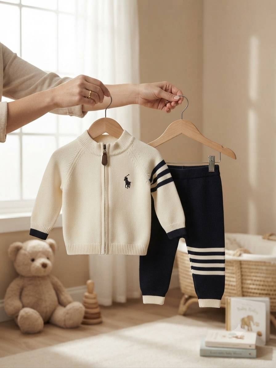 Premium Camel Knit Zip-Up Jacket And Trouser Set For Cozy Baby Boy Winter Fashion