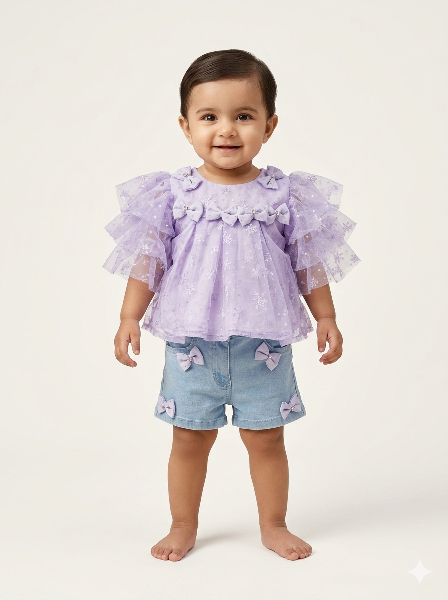 Toddler Girl Lace Ruffle Tiered Blouse and Bow Detail Denim Shorts Summer Fashion Outfit Set