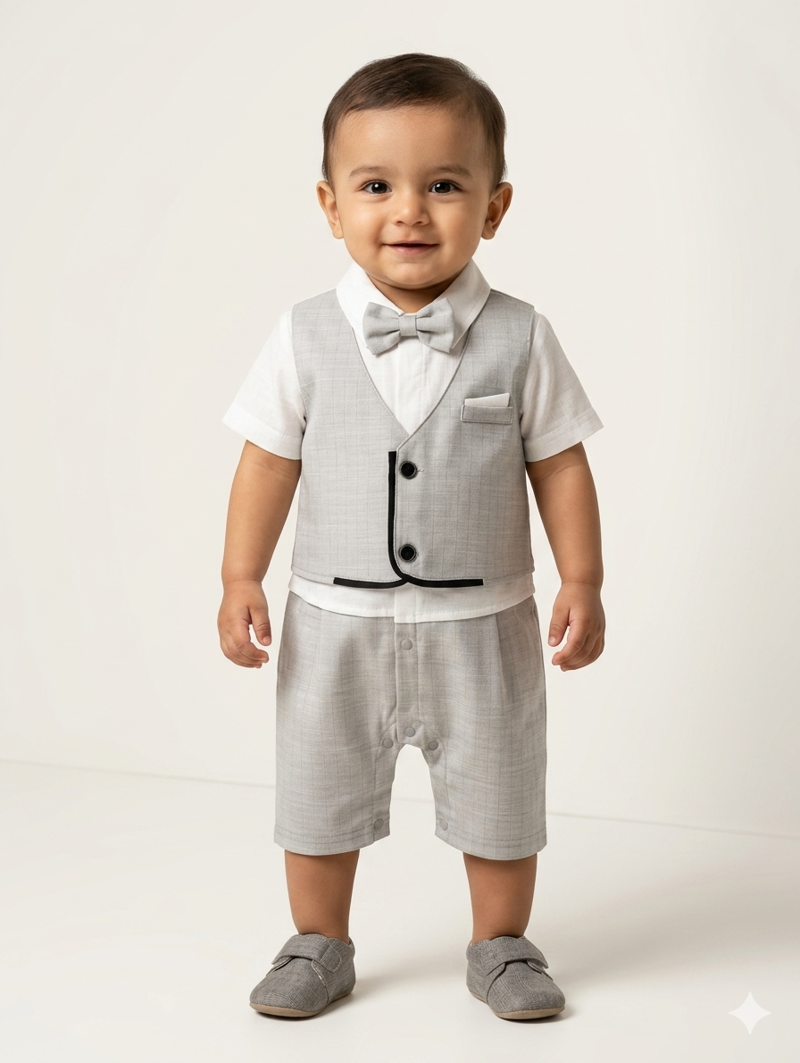 Dapper Baby Boy Formal Suit Set with Vest Bow Tie and Matching Short Romper Pants