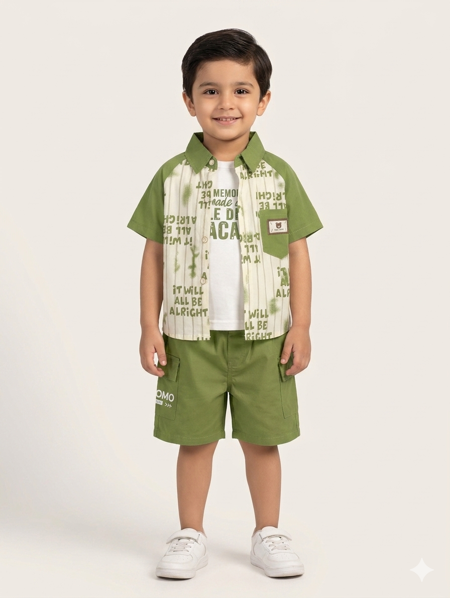 Boys Three Piece Casual Summer Set Printed Shirt T-Shirt and Matching Cargo Pocket Shorts