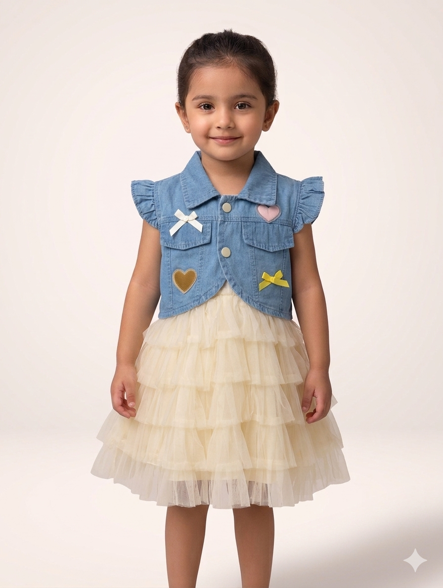 Girls Denim Vest and Tiered Tulle Tutu Dress Two Piece Heart Patch Party Outfit