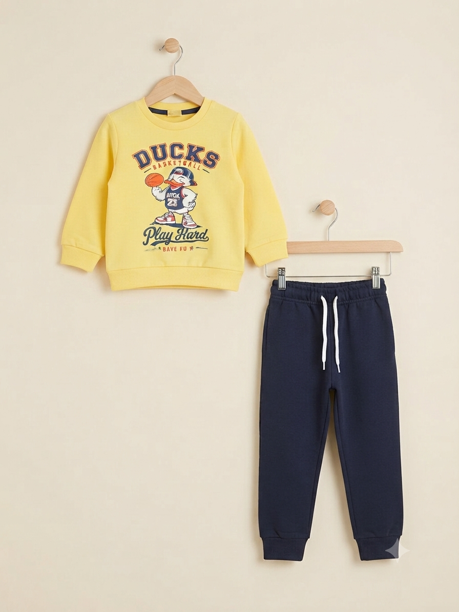 Stylish Boys Ducks Play Hard Graphic Yellow Sweatshirt With Navy Blue Full Length Trousers