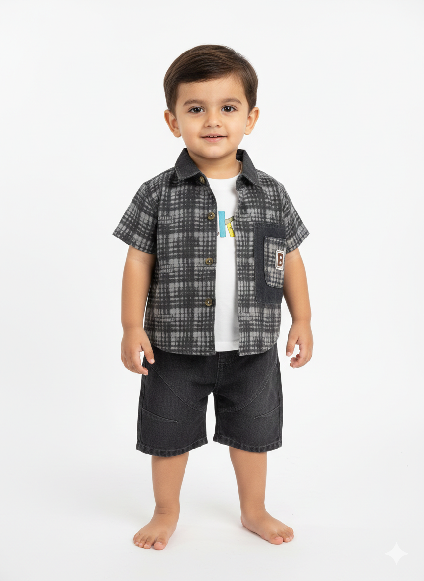 Stylish Toddler Boys' Three Piece Plaid Shirt Graphic Tee and Denim Shorts Set Bundle