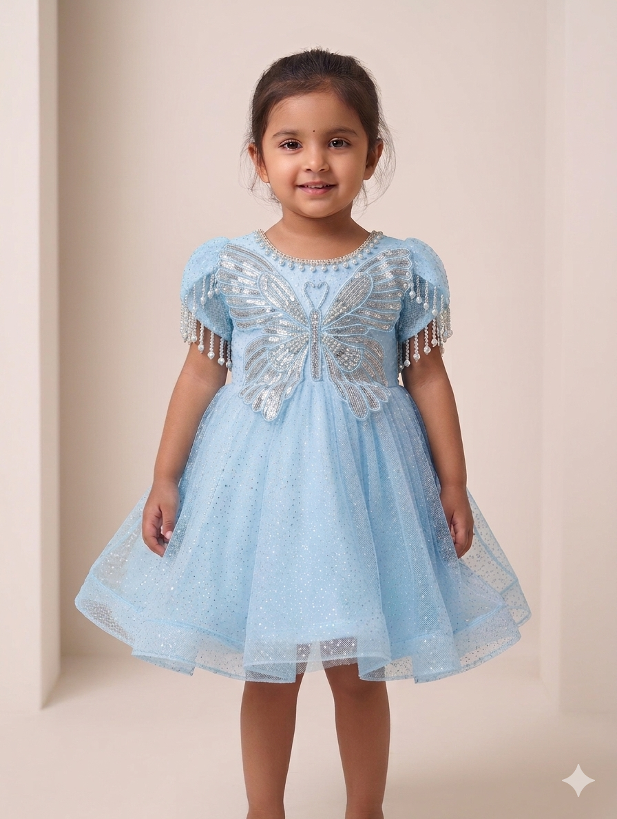 Girls Sequin Butterfly Applique Tulle Party Dress with Pearl Fringe Sleeves and Glitter Finish