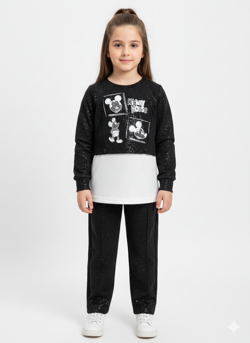 Girls' Three-Piece Mickey Mouse Graphic Sweatshirt Set with Layered Top and Matching Jogger Pants