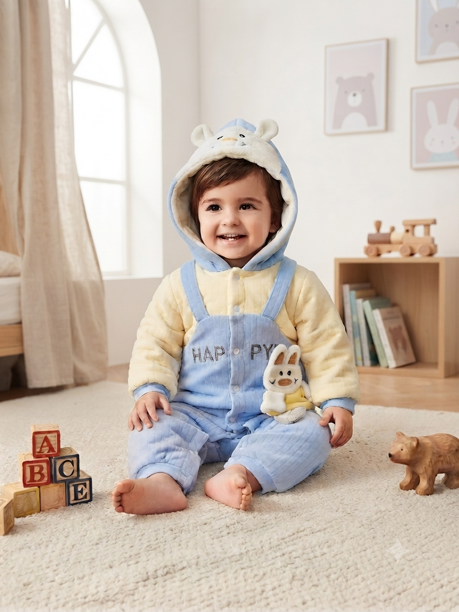 Cute Blue Overalls Style Hooded Baby Romper Warm Fleece Winter Jumpsuit For Toddler