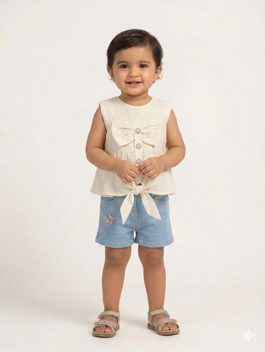 Toddler Girls Summer Bow Knot Top and Denim Shorts Set in Cream Pink and Yellow