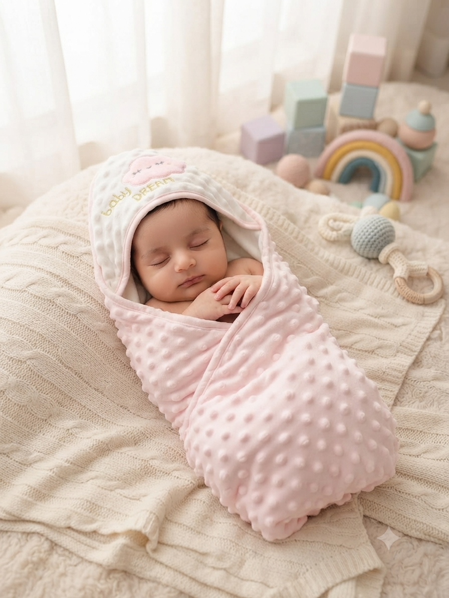 Soft Pink Textured Baby Swaddle Wrap and Hooded Sleeping Bag Set
