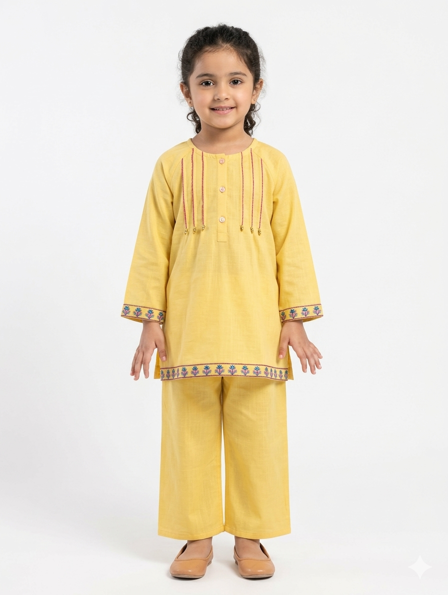 Kids' Mustard Yellow Embroidered Cotton Kurta Set with Elegant Straight Trousers for Festive Occasions