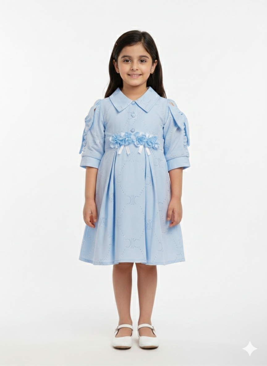 Elegant Girls' Pastel Pink Floral Embellished A-Line Party Dress with Stylish Puff Sleeves