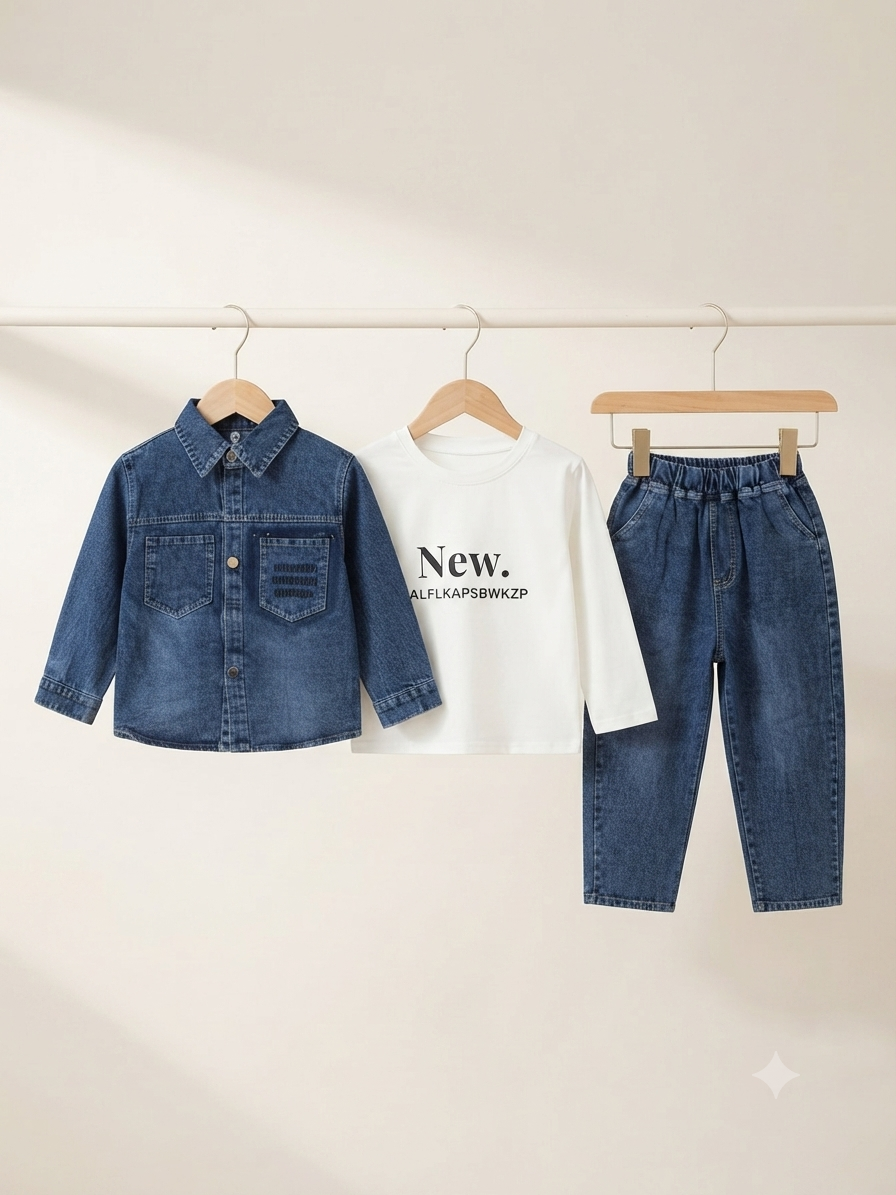 Kids Stylish 3-Piece Denim Jacket, T-Shirt & Jeans Outfit Set