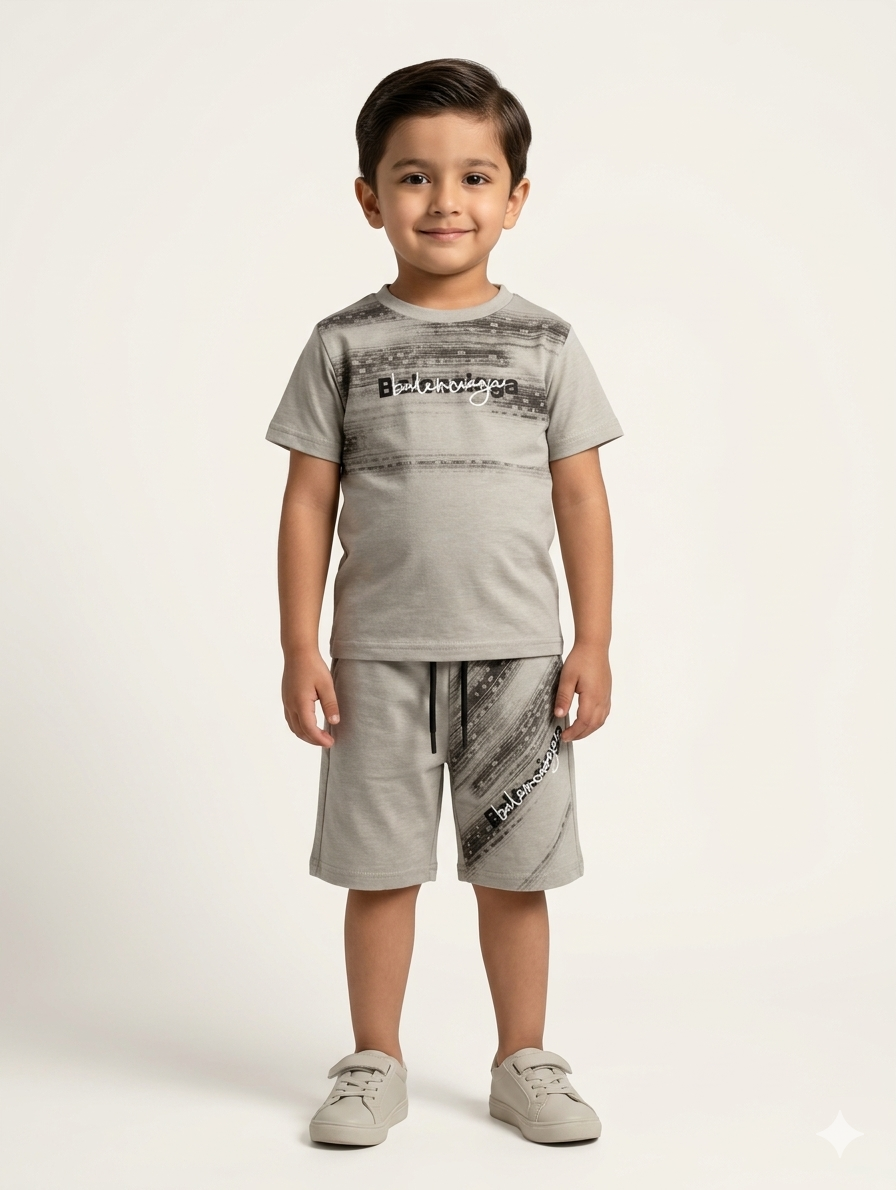 Boys' Premium Two-Piece Artistic Graphic Short Set in Light Grey and Toffee Brown