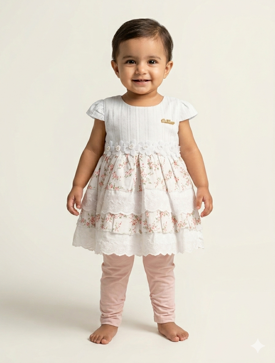 Charming Toddler Girl Floral Tiered Party Dress With Matching Leggings in White and Peach