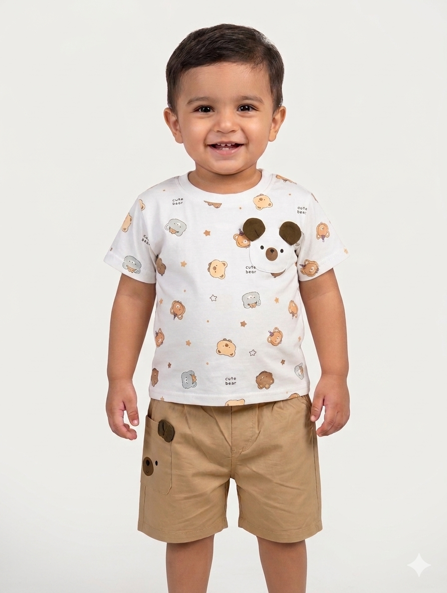 Adorable Toddler Boys Bear Print Cotton T-Shirt and Khaki Shorts Two Piece Summer Outfit Set